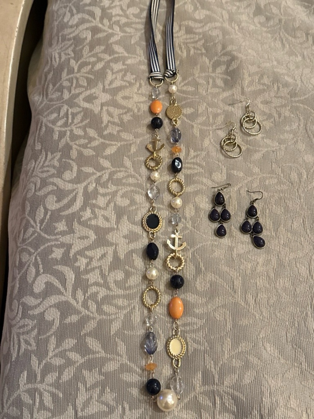 Gold-Tone Anchor Pendant Beaded Necklace - Navy & Orange; navy and gold earrings